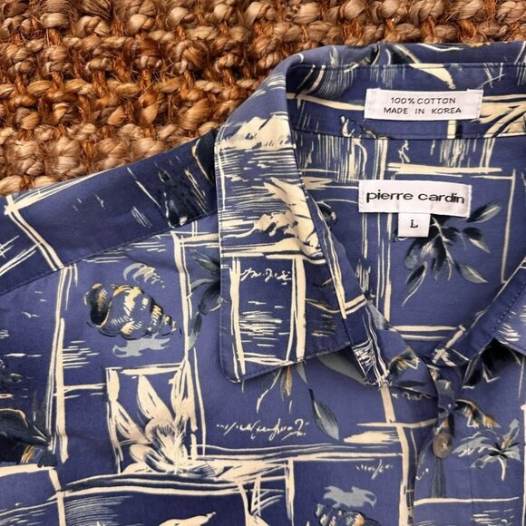 Pierre Cardin Luau Hawaiian Camp Shirt Short Sleeve Blue Sea Shells (Large) Vint - Picture 5 of 8